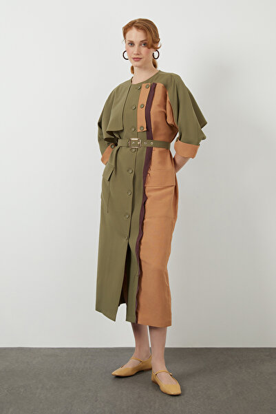 GİZİA Gömlek Yakalı Kolu Etiket Detaylı Astarlı Yeşil Trençkot