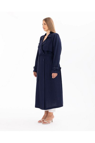 Gala-Xi Navy Blue Double Breasted Collar Large Size Top Coat - Belt Detailed10002412614001