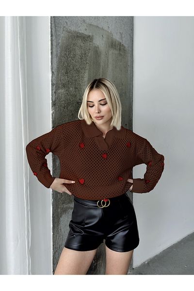 NATUFIAN STORE Дамски трикотажен пуловер с яка и дупка във формата на сърце