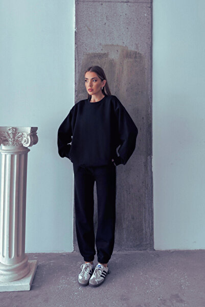 YAKAMEL Set supradimensionat din bumbac cu 3 fire, cu gât crewneck, pentru femei