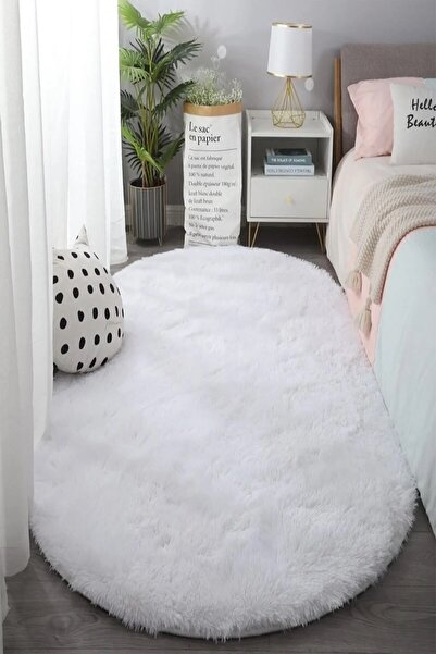 Raschel Carpet Oval Kesme Yolluk Kaymaz Taban Kalın Yumuşak Peluş Halı Özel Taban Beyaz
