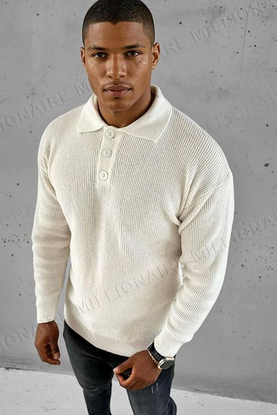 Millionaire Men's Ecru White Polo Neck Placket Buttoned Collar Winter Knitwear Sweater