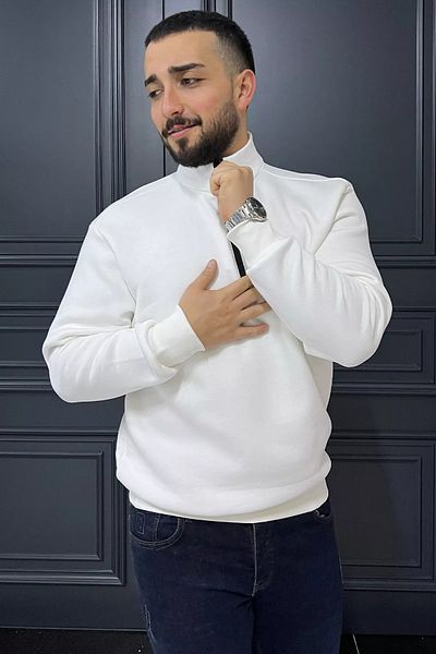 MİSHAR İTALİA Λευκό ανδρικό φούτερ με φερμουάρ με μισό ζιβάγκο