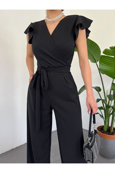 Modamorfo Ruffled Jumpsuit with Zipper Detail - Black