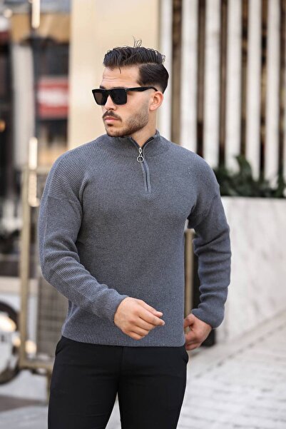 BUPPO Gray Half Zippered Thessaloniki Fabric Sweater