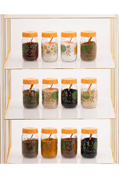 Herevin طقم أطباق توابل زجاجية نباتية سعة 370 سم مكعب - حاوية تخزين مكونة من 12 قطعة وخوخ