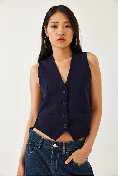 Bianco Lucci Women's V-Neck Flato Pocket Woven Vest 40831025