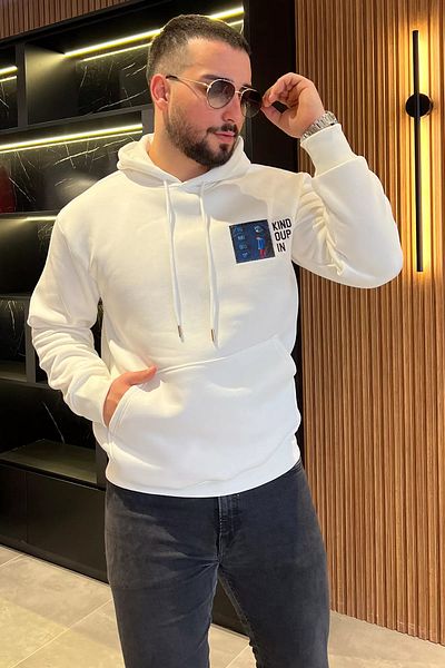 MİSHAR İTALİA Ανδρικό φούτερ με κουκούλα με λευκό εμπριμέ τριών κλωστών