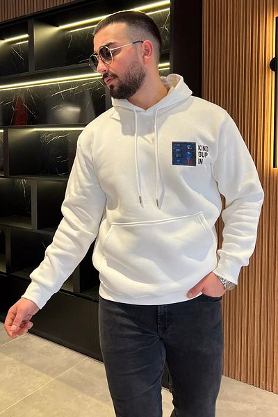 MİSHAR İTALİA Ανδρικό φούτερ με κουκούλα με λευκό εμπριμέ τριών κλωστών