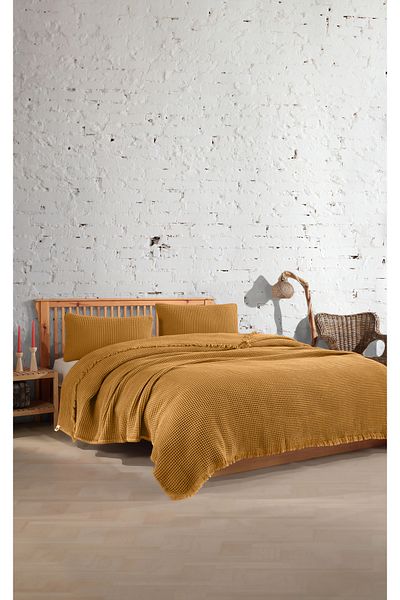 destinyhometex Двойно покривало за легло с вафла - 100% памук, 220x240см/2 части, калъфка за възглавница 50x70см