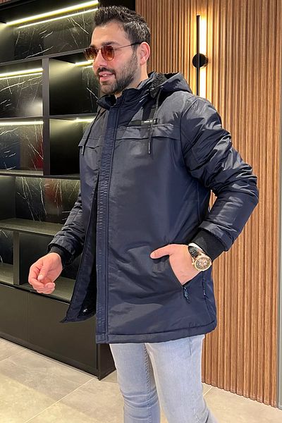 MİSHAR İTALİA Мъжко тъмносиньо плюшено палто с качулка и цип