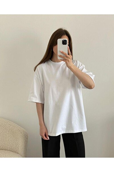 Butik Sade Beyaz Bisiklet Yaka Düz Kısa Kollu Kadın Tişört Oversize Unisex
