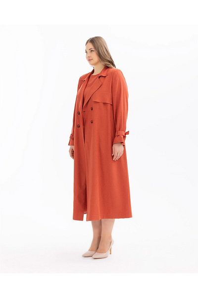 Gala-Xi Plus Size Tile Women's Top Coat - Double Breasted Collar and Belt Detail10002412614001