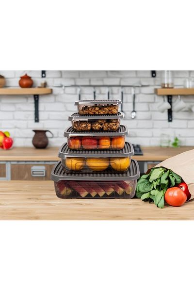 Herevin Set of Five Rectangular Food Supply Storage Containers - Gray (Fits Microwave and Freezer)