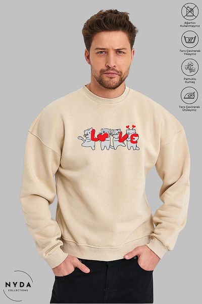 Nyda Collections Unisex μακρυμάνικο Love Cat με στάμπα με λαιμόκοψη χωρίς κουκούλα υπερμεγέθη φούτερ