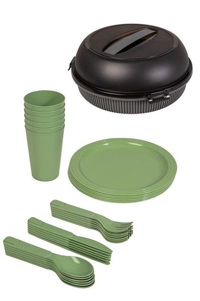 Herevin 32 Piece Picnic Set - Gray and Green, Fork and Spoon Serving Plate and Cup