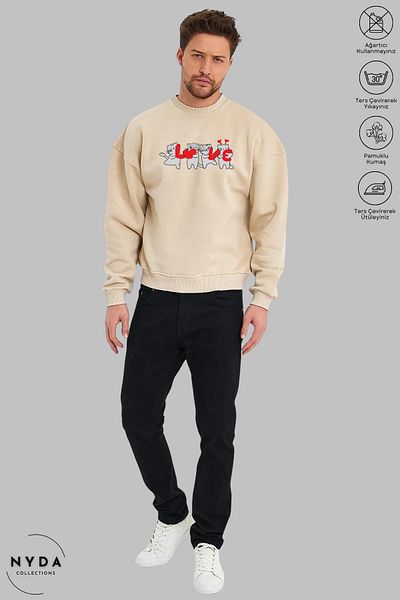 Nyda Collections Unisex μακρυμάνικο Love Cat με στάμπα με λαιμόκοψη χωρίς κουκούλα υπερμεγέθη φούτερ