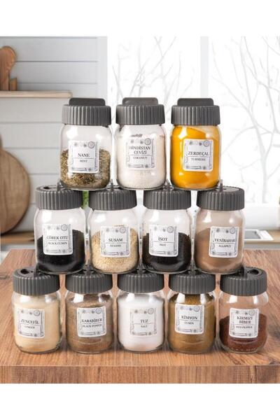 Herevin 12li 190 Cc Cam Baharatlık Seti-baharatlık Takımı-saklama Kabı-gri-24 Adet Etiket Hediyeli