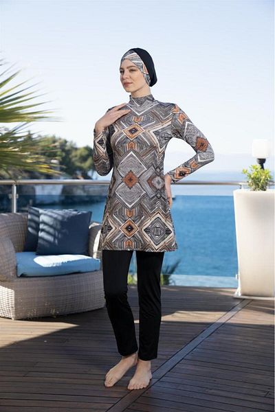 Estiva Battal Digital Print Full Covered Plus Size Hijab Swimsuit