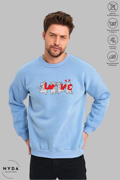 Nyda Collections Unisex μακρυμάνικο Love Cat με στάμπα με λαιμόκοψη χωρίς κουκούλα υπερμεγέθη φούτερ