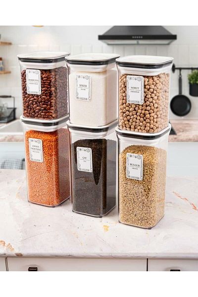 Herevin 6-Piece Food Pulses Storage Set - 1.1 Lt and 1.5 Lt Square White with 25 Labels