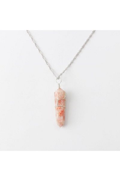 OSMANLI DOĞAL TAŞ Sun Stone Natural Stone Pendant 3X1 Cm, Silver Chain