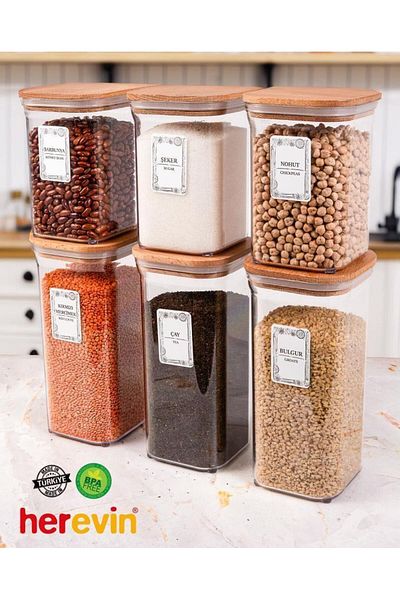 Herevin 6-Piece Square Food Pulses Set - 1.1 Lt 1.5 Lt Spice Bowl Dowry - 25 Pieces with Labels