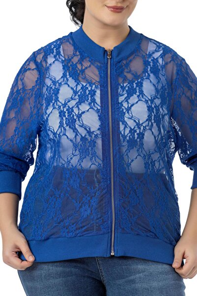 DISENTIS MODEST Μπλε μπουφάν με φερμουάρ Lace Saks με φούστα με γιακά και μανίκια