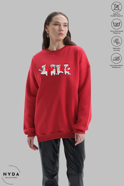 Nyda Collections Унисекс суитшърт с дълъг ръкав, щампа "Love Cat", кръгло деколте, без качулка и повдигнати връзки