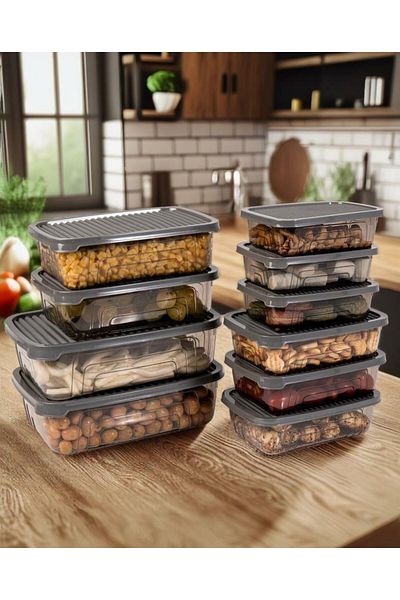 Herevin 10 Pieces Rectangular Food Supply Storage Container Set - Gray (Suitable for Microwave and Freezer)