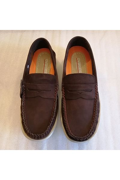 Overside Men's Genuine Cowhide Nubuck Coffee Tape Hand-Stitched Lightweight Non-Slip Eva Sole Loafer