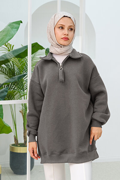 LOCCO Hanorac de damă de culoare afumată - Detaliat cu jumătate de fermoar