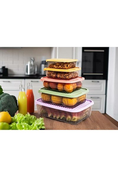 Herevin Set of Five Rectangular Food Supply Storage Containers - Colorful (Fits Microwave and Freezer)