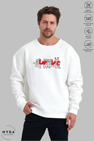 Nyda Collections Unisex μακρυμάνικο Love Cat με στάμπα με λαιμόκοψη χωρίς κουκούλα υπερμεγέθη φούτερ