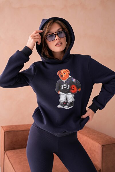 Moda Amore سويت شيرت بطبعة تيدي بير - 3 خيوط مع دمية دب وجيب جانبي 111