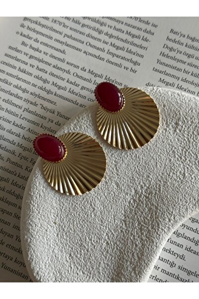 Rossetto Atelier Bordo Doğal Taşlı Tırtıklı Oval Küpe