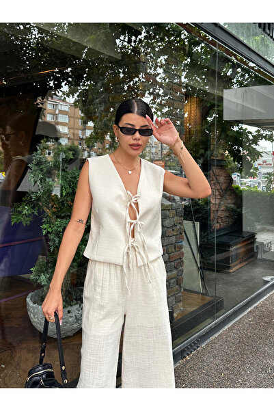 Angel Mia سترة من الكتان الطبيعي - مع تفاصيل ربط