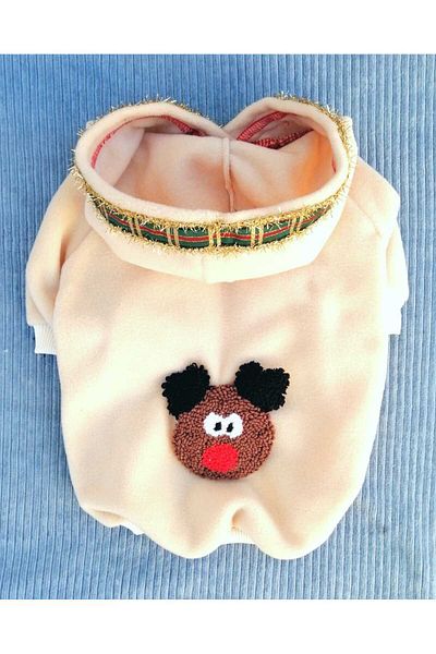 PATİBÖR Cream Colored Dog Fleece with Deer Applique and Hood