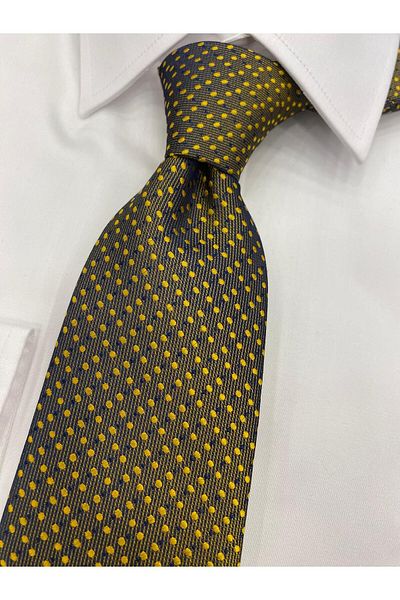 Cacharel Woven Patterned Yellow Navy Blue Tie