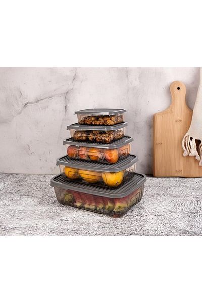 Herevin Set of Five Rectangular Food Supply Storage Containers - Gray (Fits Microwave and Freezer)
