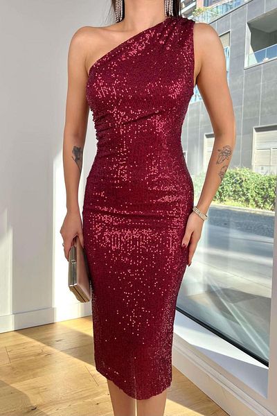 TENA Rochie lungă cu paiete, cu un singur umăr, bordeaux