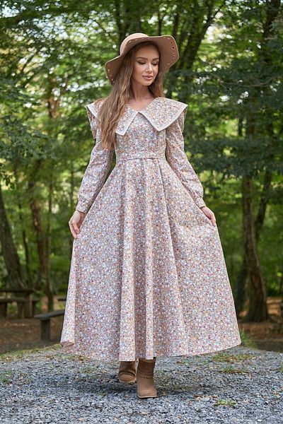 KÜÇÜĞÜM BUTİK Vintage Μεγάλος Γιακάς Γκρι Χρώμα Floral μακρυμάνικο φουσκωτό φόρεμα