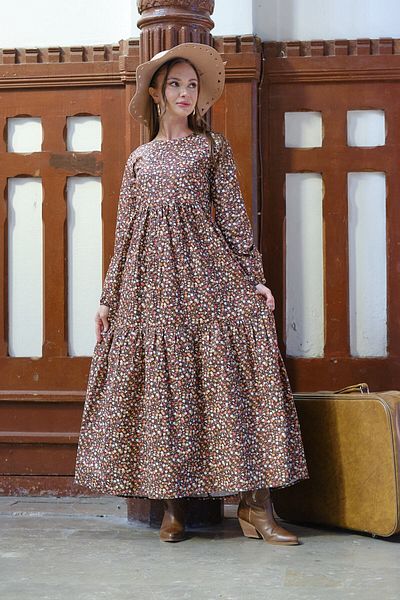 KÜÇÜĞÜM BUTİK Hijab Vintage καφέ φλοράλ φόρεμα δαπέδου (ΧΩΡΙΣ ΚΟΛΑΡ)