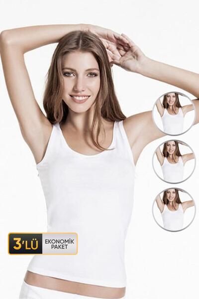 Çift Kaplan Kadın Elastanlı Beyaz Atlet 744 3'lü Ekonomik Paket