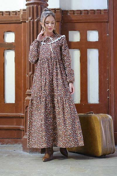 KÜÇÜĞÜM BUTİK Hijab Vintage φορητό γιακά καφέ φλοράλ φόρεμα γάτας