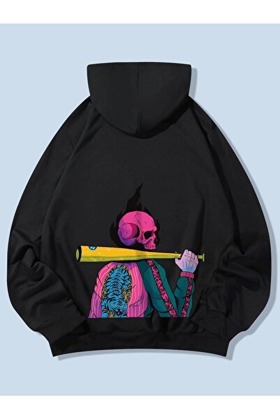 BLACK NİCE Φούτερ με κουκούλα Unisex Oversize με στάμπα κρανίου στην πλάτη