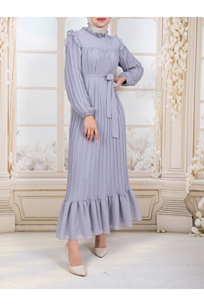 Modamorfo Dress with Robe on the Front, Pleated Sleeves and Size - Gray