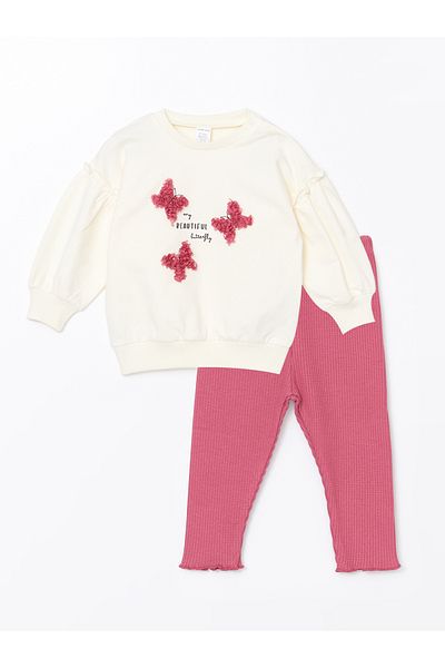 LC Waikiki Crew Neck Long Sleeve Printed Baby Girl Sweatshirt and Tights 2-Piece Set