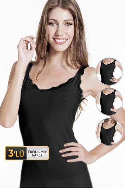 Çift Kaplan Kadın Elastanlı Dantelli Siyah Atlet 714 3'lü Ekonomik Paket