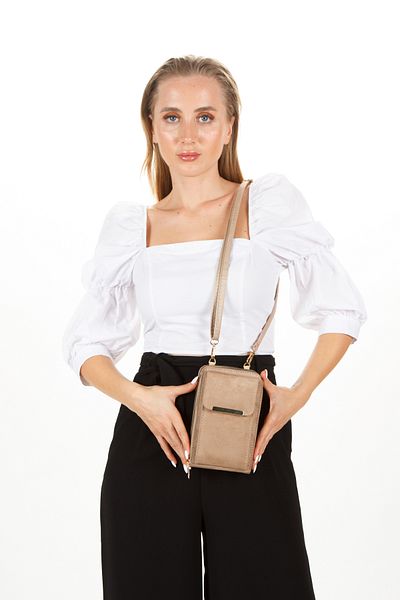Newish Polo Geantă de mână și de umăr pentru femei, din piele de căprioară bej, cu suport pentru telefon Bella